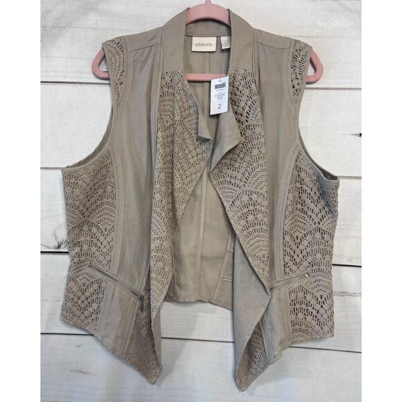 Chico's Jackets & Blazers - Chico's NWT Size 2 Linen & Lace Mix Pattern/Fash Vest Beige